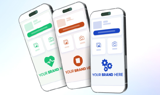 Three smartphones showing the “CountThings from Photos” app, each branded for a different company.